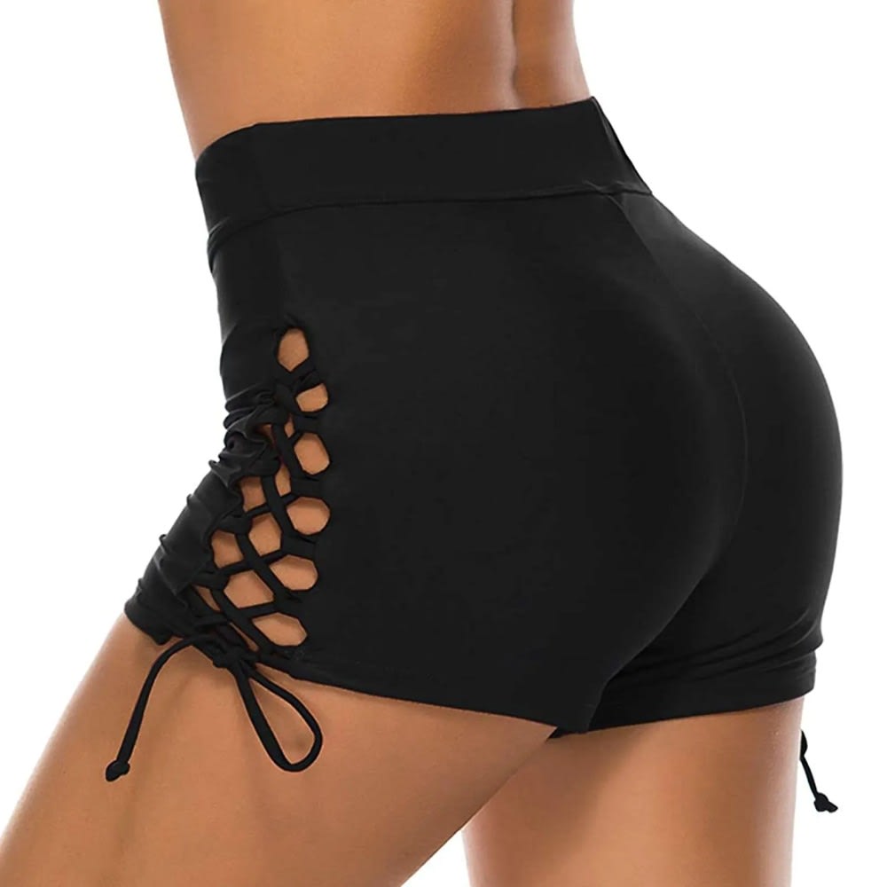 High Waisted Drawstring Swim Shorts for Women - Ruched Tummy Control Slim Bottoms